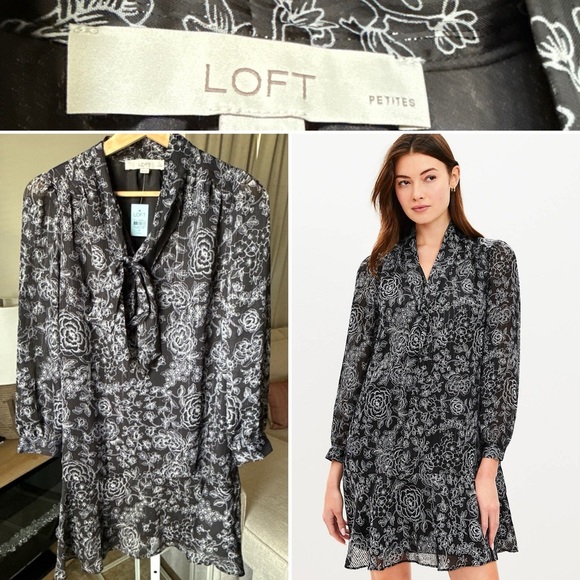 Loft Women’s Etched Floral Bow Flounce Dress Black/white Size MP NWT $89.95 - Picture 1 of 9